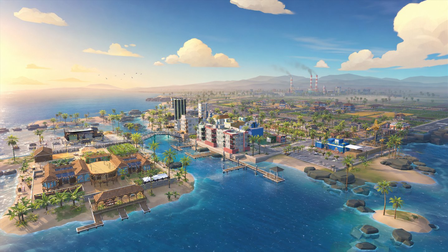 Early concept art of a coastal multiplayer world with homes, farms, businesses and industry