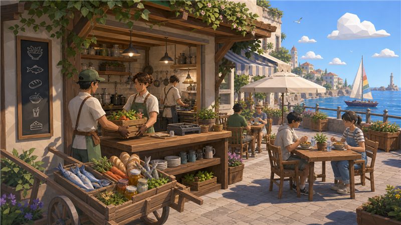 A small café with plates going out