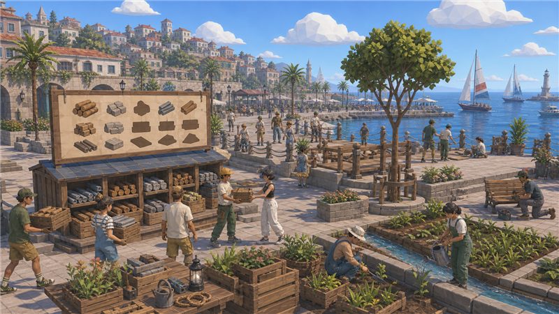 Players improving a public square together