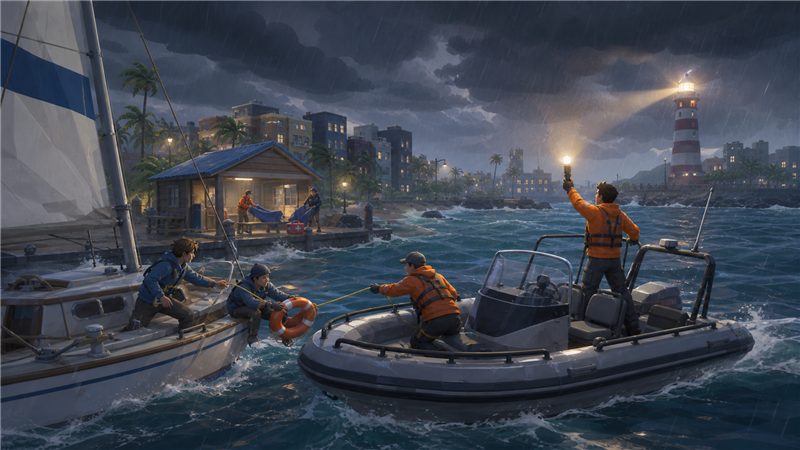 A boat towing another out of rough weather