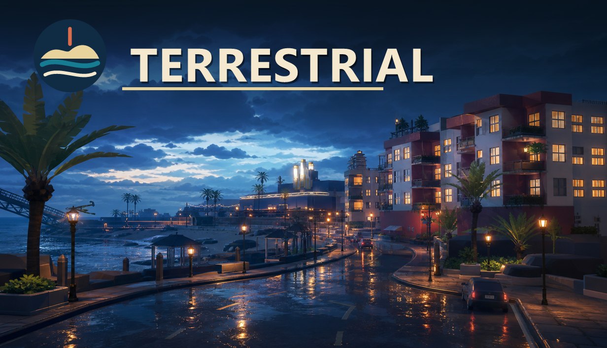 After-dark Grid direction — the city's lights holding against a storm
