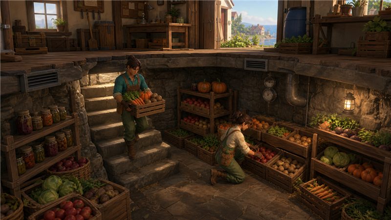A root cellar stocked with fresh produce