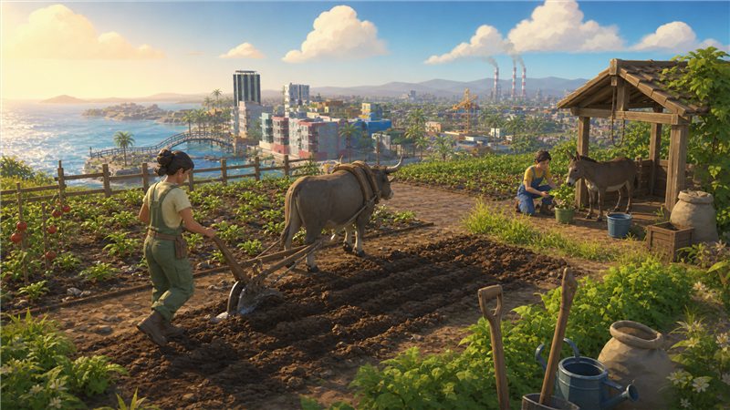 A draft animal ploughing a small field
