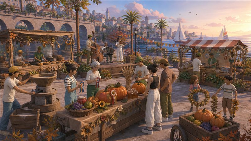 A town square dressed for a harvest festival