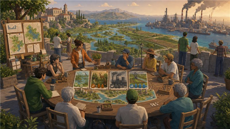 Townsfolk gathered around a civic notice
