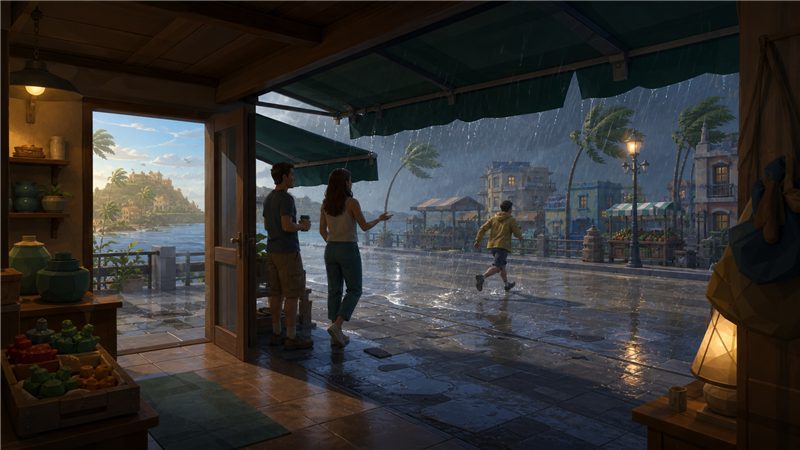 Rain sheeting off a roof while the room below stays dry