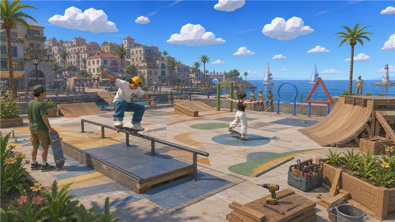 A skater grinding a rail on a player-built course