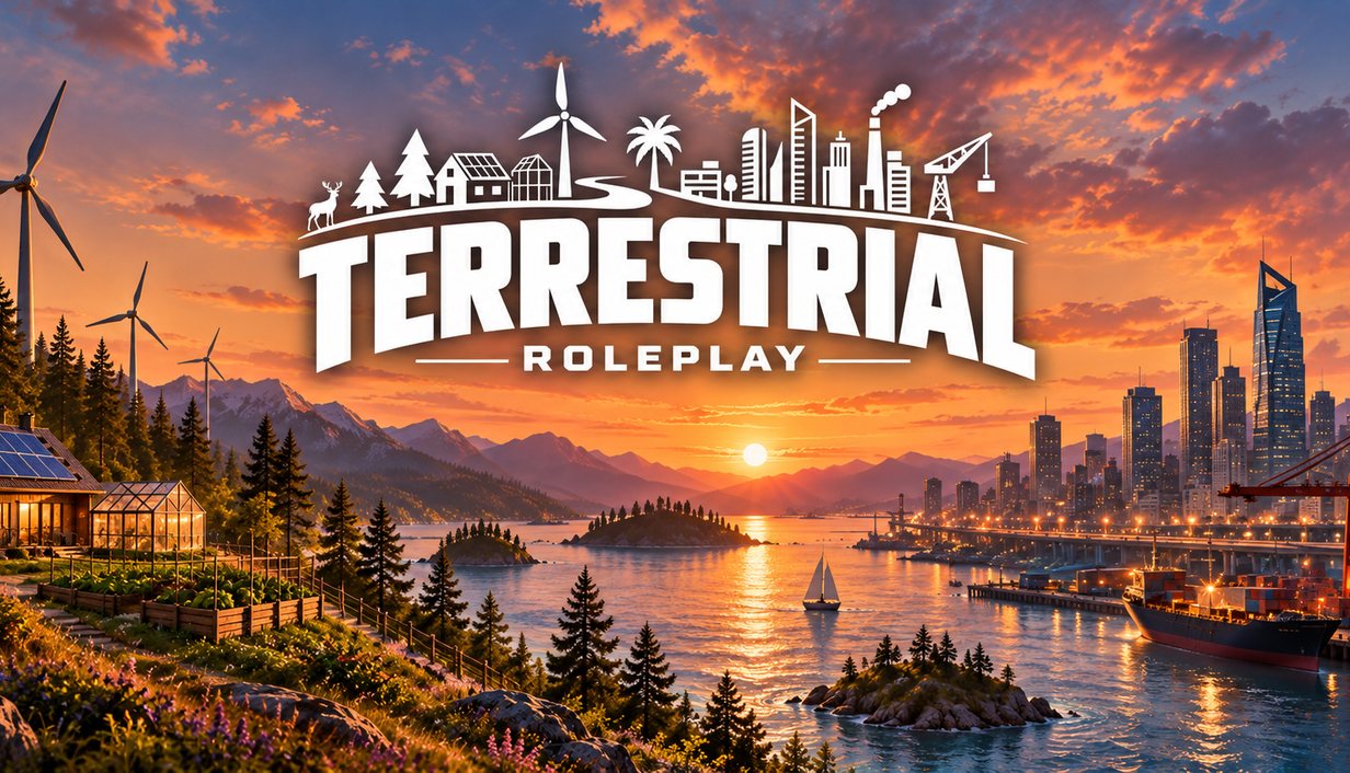 Terrestrial key art: a coastal city at sunset with wind turbines, a harbour and forest