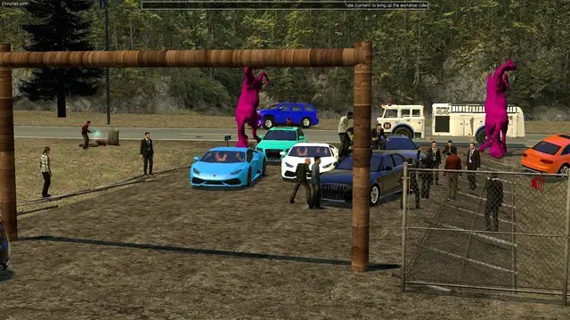 A crowd of players with sports cars, two pink horse statues and a fire engine on a road in Rockford