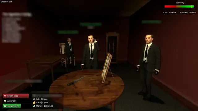 Three players in suits in a dark red room with a round table