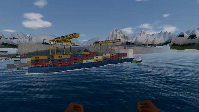 A container ship docked at the east harbour, seen from the sea