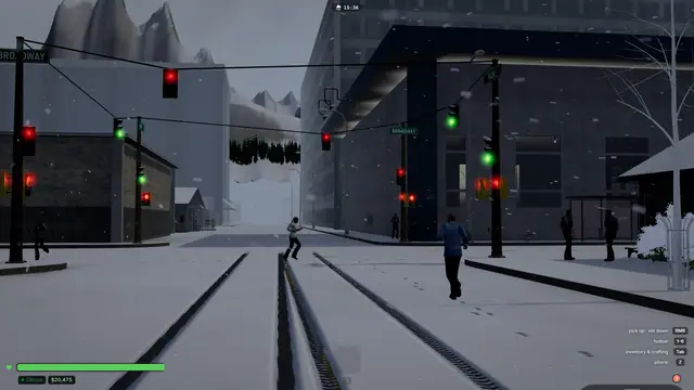 Snowfall in Rockford: a snow-covered road with tyre tracks, pedestrians and traffic lights