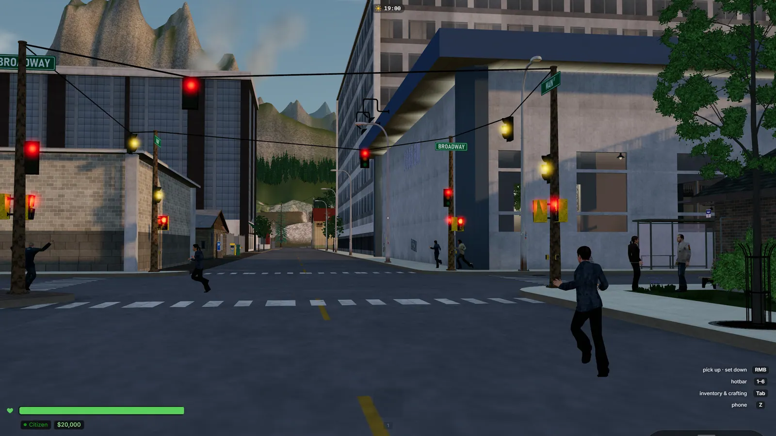A player jogging across a city crossing at dusk with a taxi, a pickup and bystanders, mountains behind