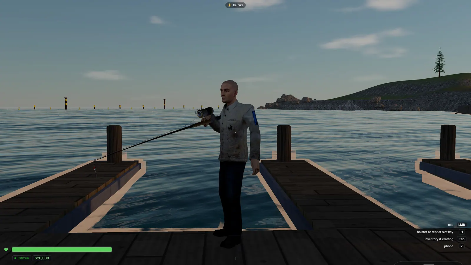 A player casting a fishing rod from the pier at sunrise