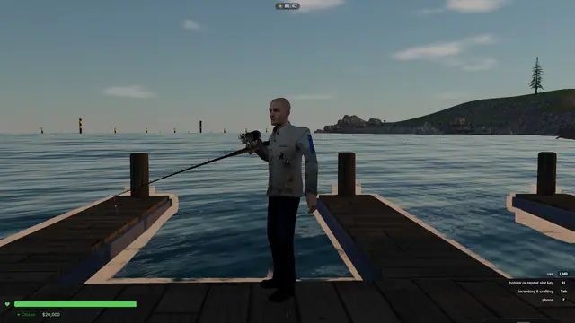 A player casting a fishing rod from the pier at sunrise