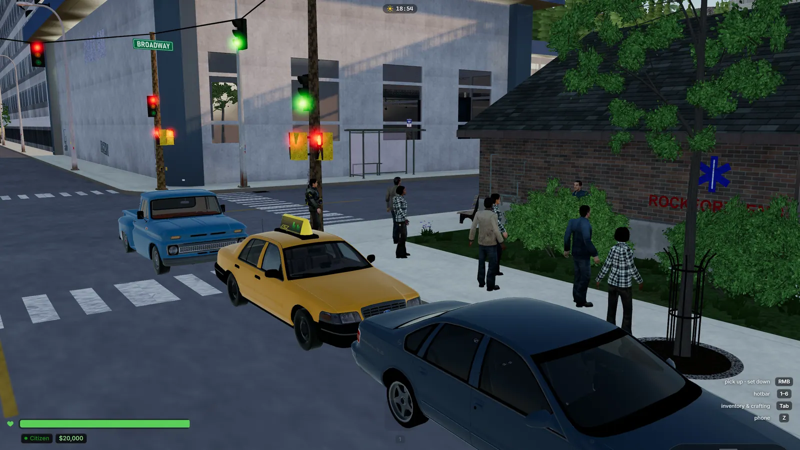 A group of six players standing on a sidewalk beside parked cars at golden hour