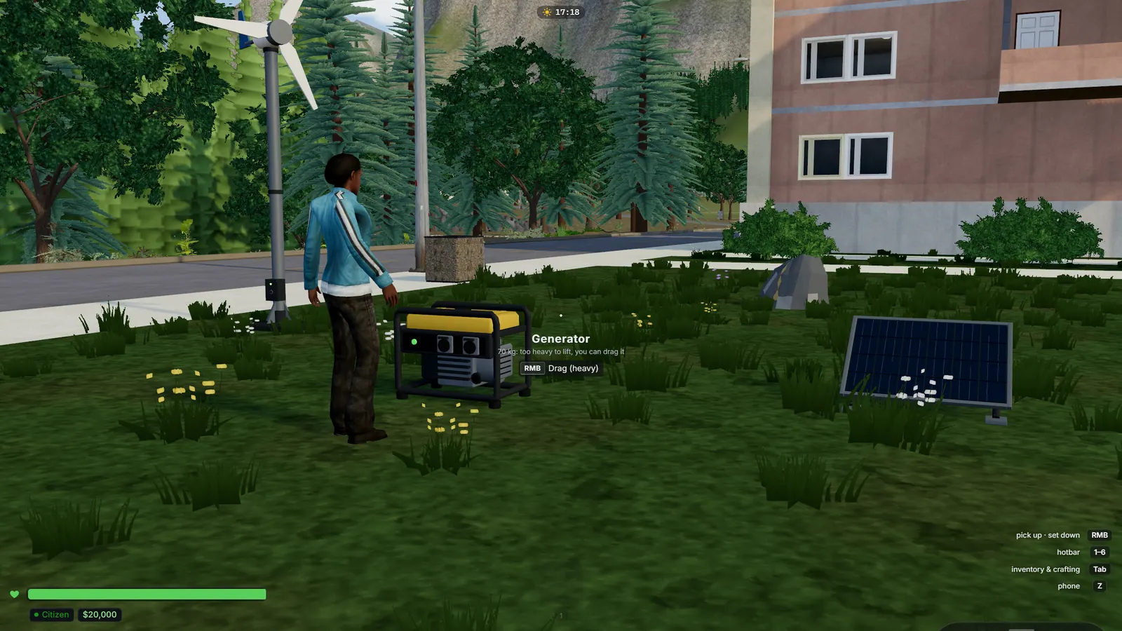 A player beside a generator, a solar panel and a wind turbine in a park