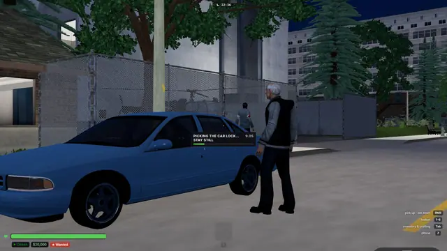 A player picking a car lock at night with a progress bar and a Wanted indicator