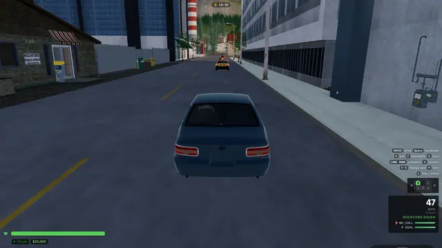 A third-person view of driving down a city road behind a taxi